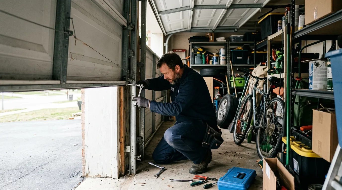 Garage door technician repairing a residential garage door in Danville Kentucky